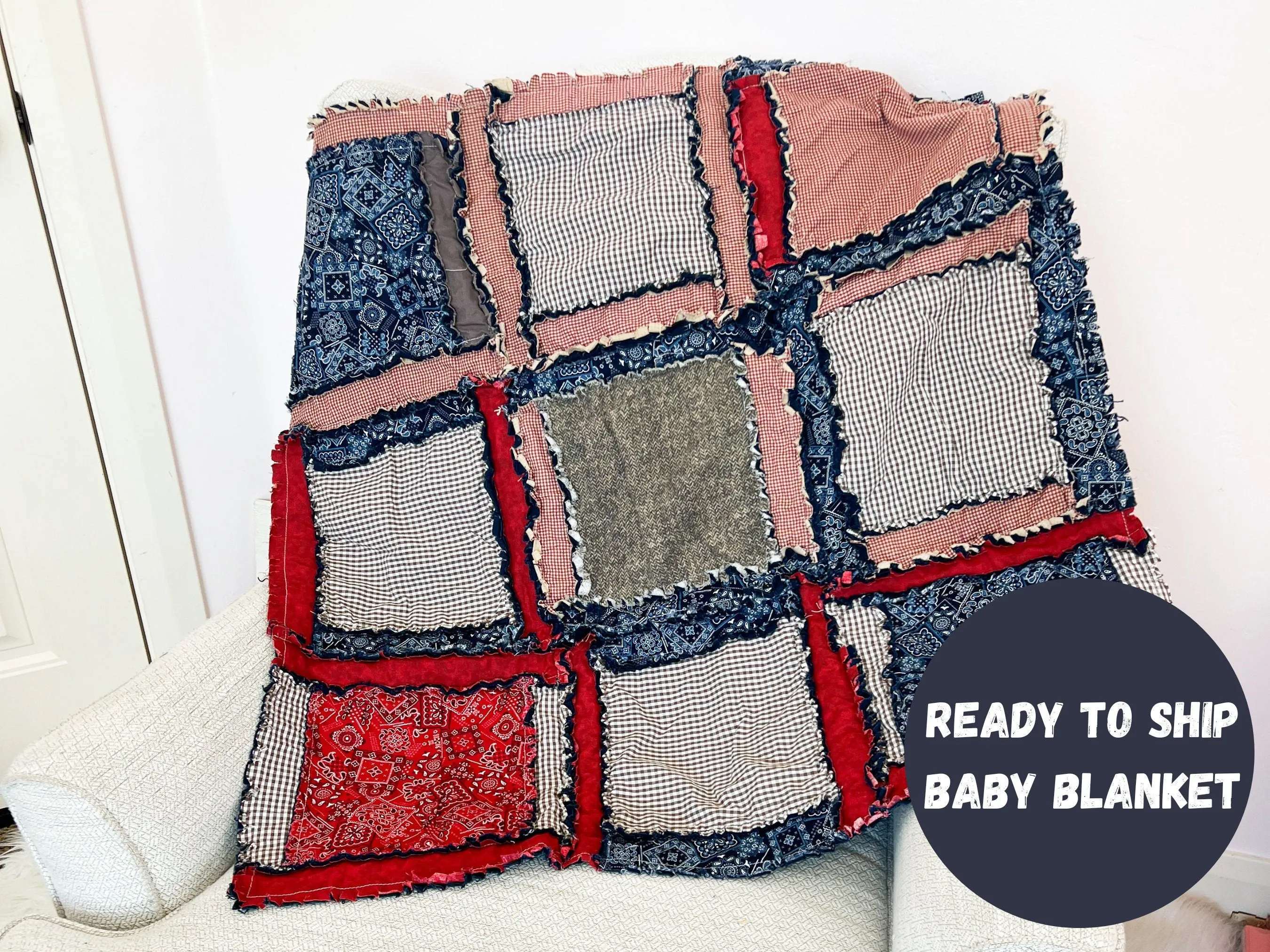 Western Blanket Homemade Quilts Boy Nursery Bedding, Boys Quick Ship Quilts, Rag Quilt Navy Crib Bedding for Boys